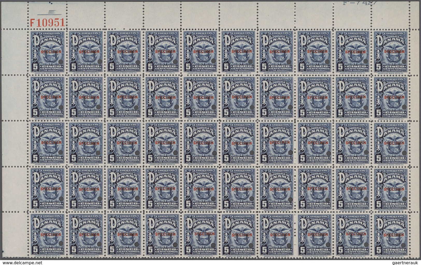 Panama: 1924, Definitive Issue 'Coat Of Arms' 5c. Dark Blue Upper Half Sheet Of 50 With Imprint 'F-7 - Panama