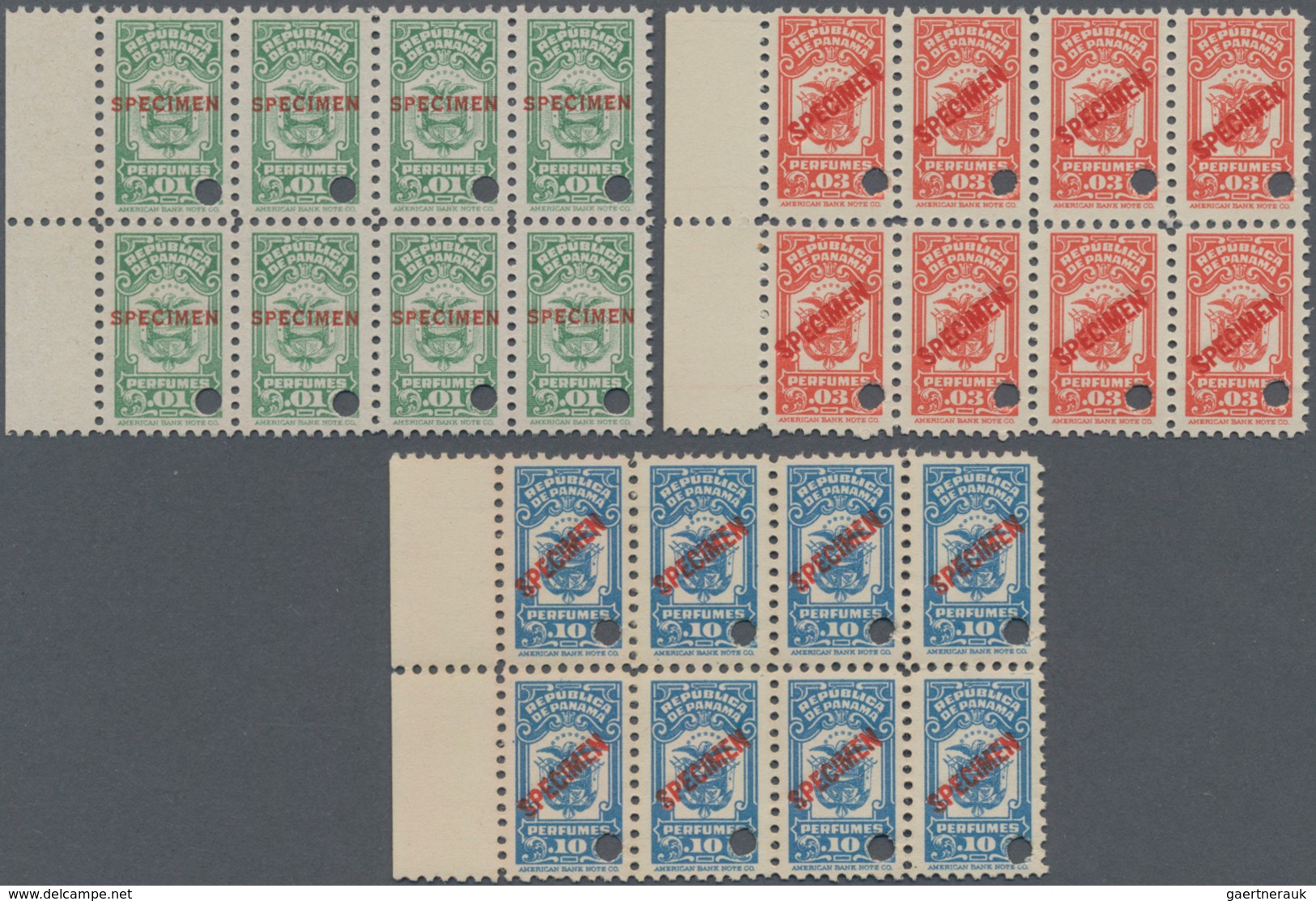Panama: 1930 (ca.), Revenue Stamps 'PERFUMES' (parfums) .01c. Green, .03c. Red And .10c. Blue Each I - Panama