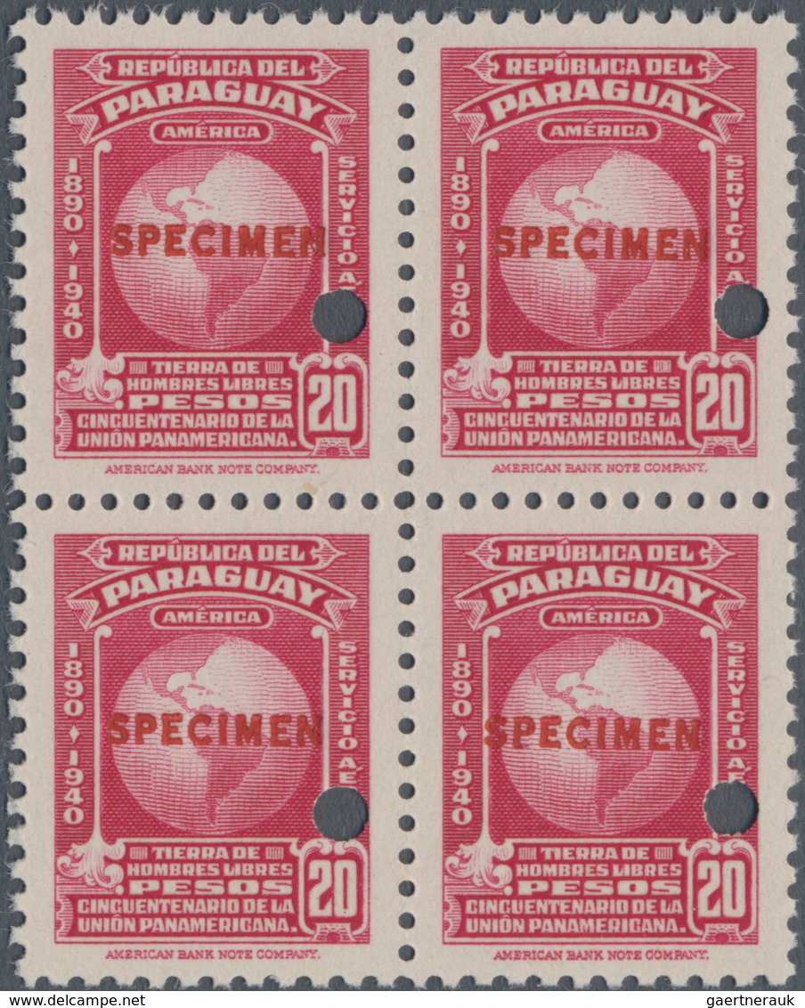 Paraguay: 1940, 50 Years Pan-American Union 20p. Carmine (map Of America) Block Of Four With Punch H - Paraguay