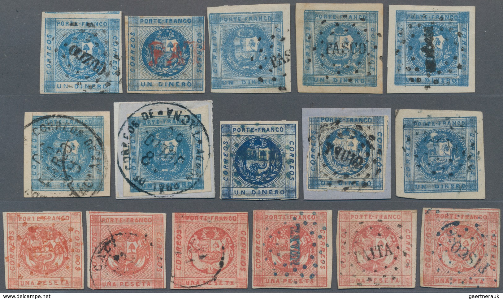 Peru: 1858/1868 (ca.), Interesting Group With 30 Imperforate Stamps With 1din. Blue (18 Incl. Four P - Peru