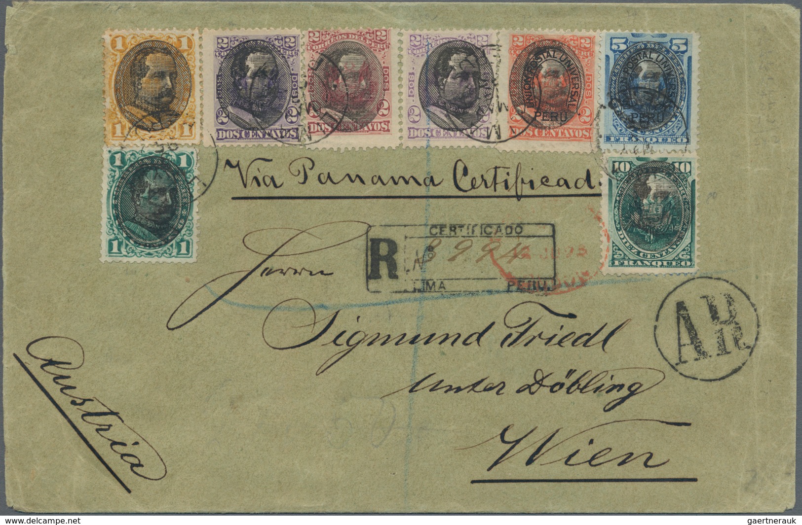 Peru: 1895, 8 Colour Franking 1 Ct.-10 Ct. Tied "LIMA MAY 18 95" To AR-registered Cover Via Panama T - Peru