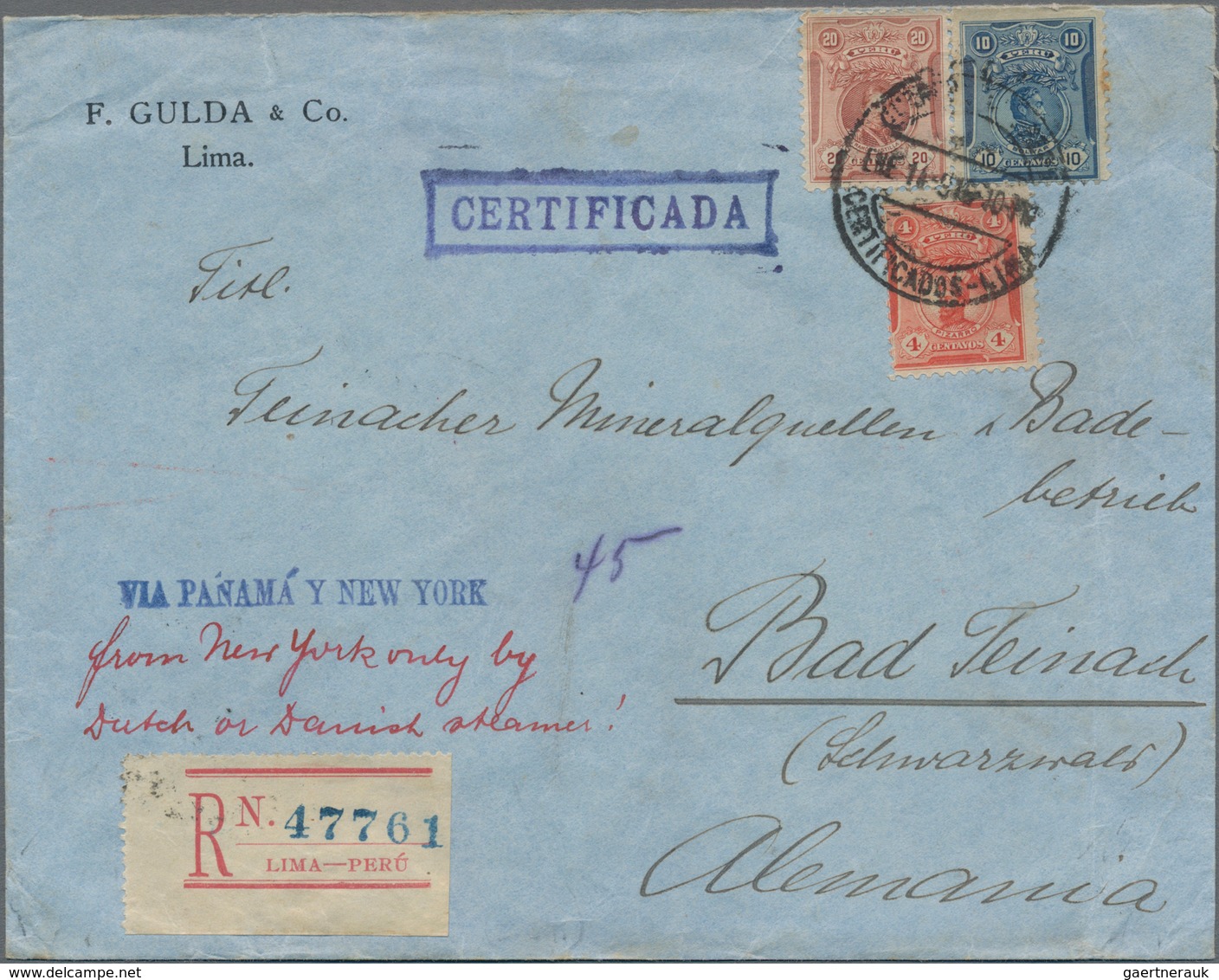 Peru: 1916, 4 C, 10 C And 20 C On Registered Letter Sent From "LIMA ENE 11 1916" Via Panama And New - Perú