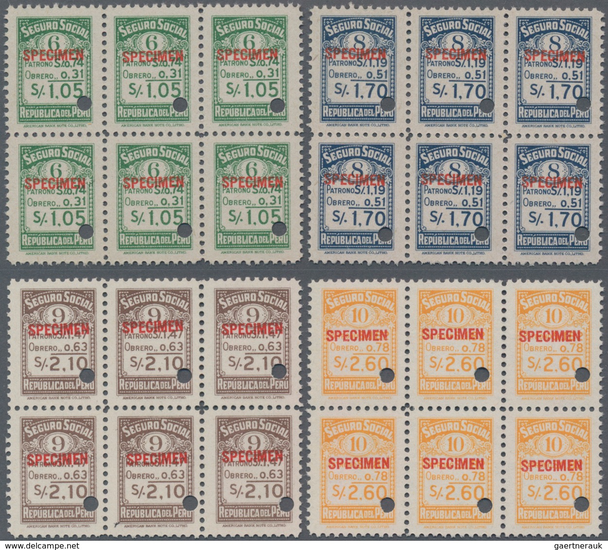 Peru: 1945 (ca.), Four Revenue Stamps 'SEGURO SOCIAL' (social Insurance) 1.05s. Green, 1.70s. Blue. - Peru