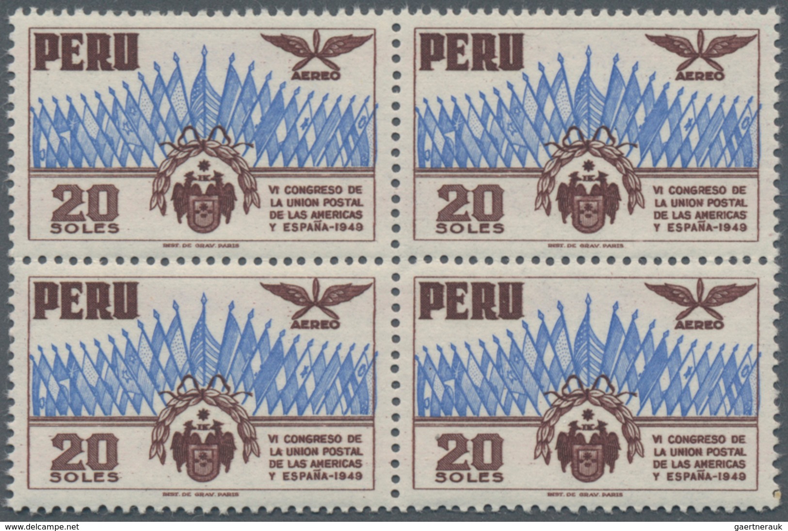 Peru: 1951, 75th Anniversary Of UPU Without Overprint, 5c.-20s., Complete Set Of Nine In Blocks Of F - Peru