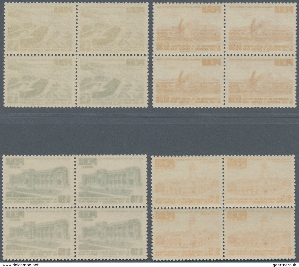 Peru: 1951, 75th Anniversary Of UPU Without Overprint, 5c.-20s., Complete Set Of Nine In Blocks Of F - Peru