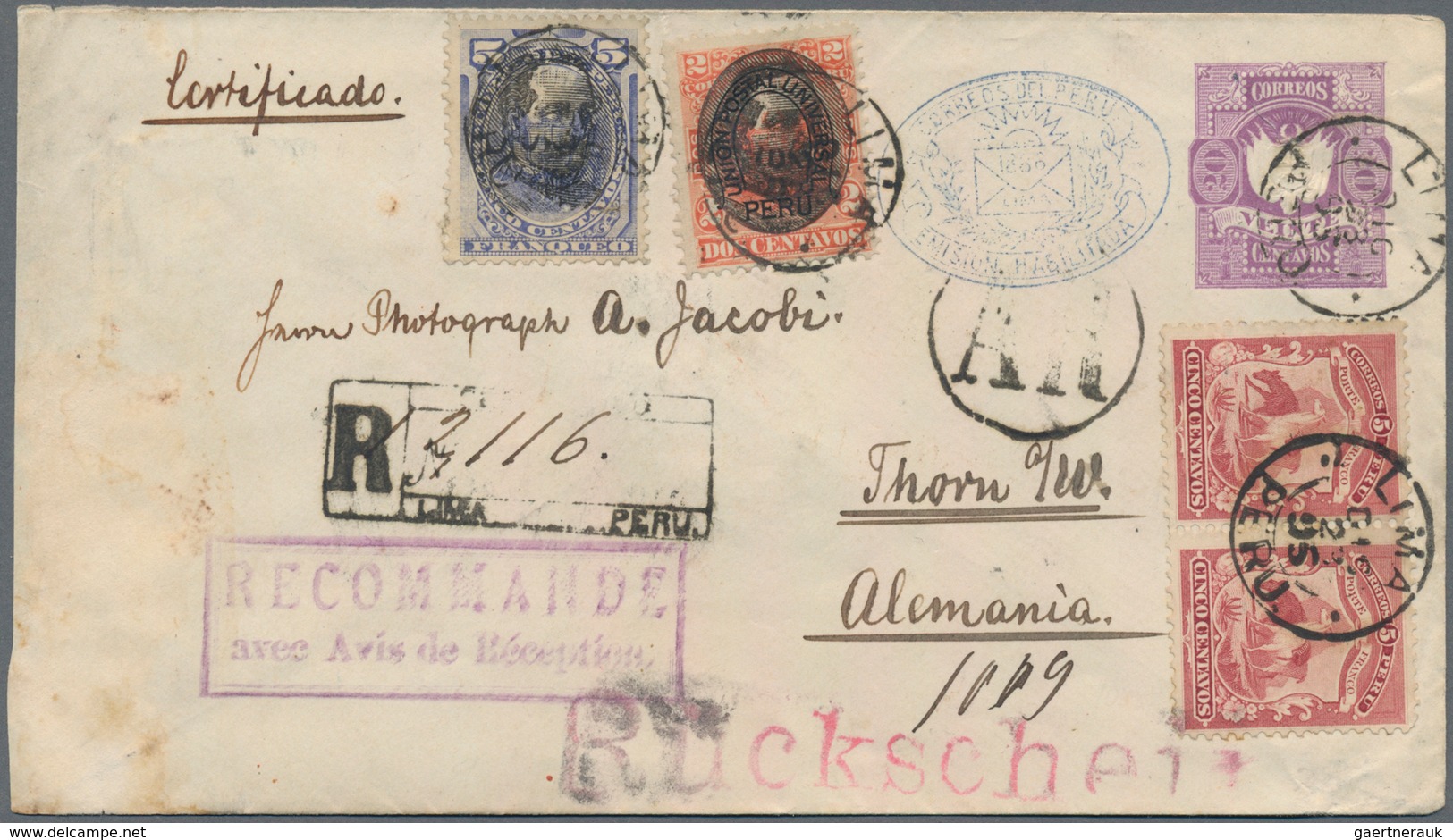 Peru - Ganzsachen: 1895, Uprated Stationery Envelope 20c. Lilac Used As Registered/Avis De Reception - Peru