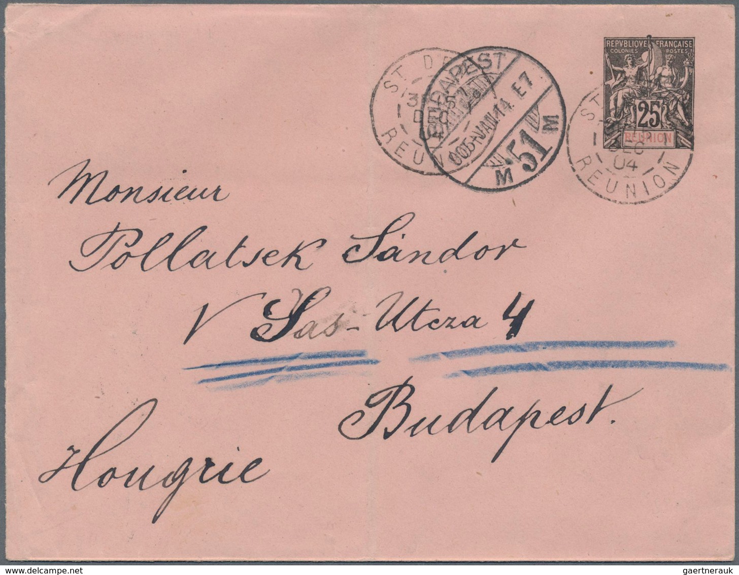 Reunion: 1904 Commercially Used Postal Stationery Envelope 25 C Black On Pink (146x112), Sent From S - Covers & Documents