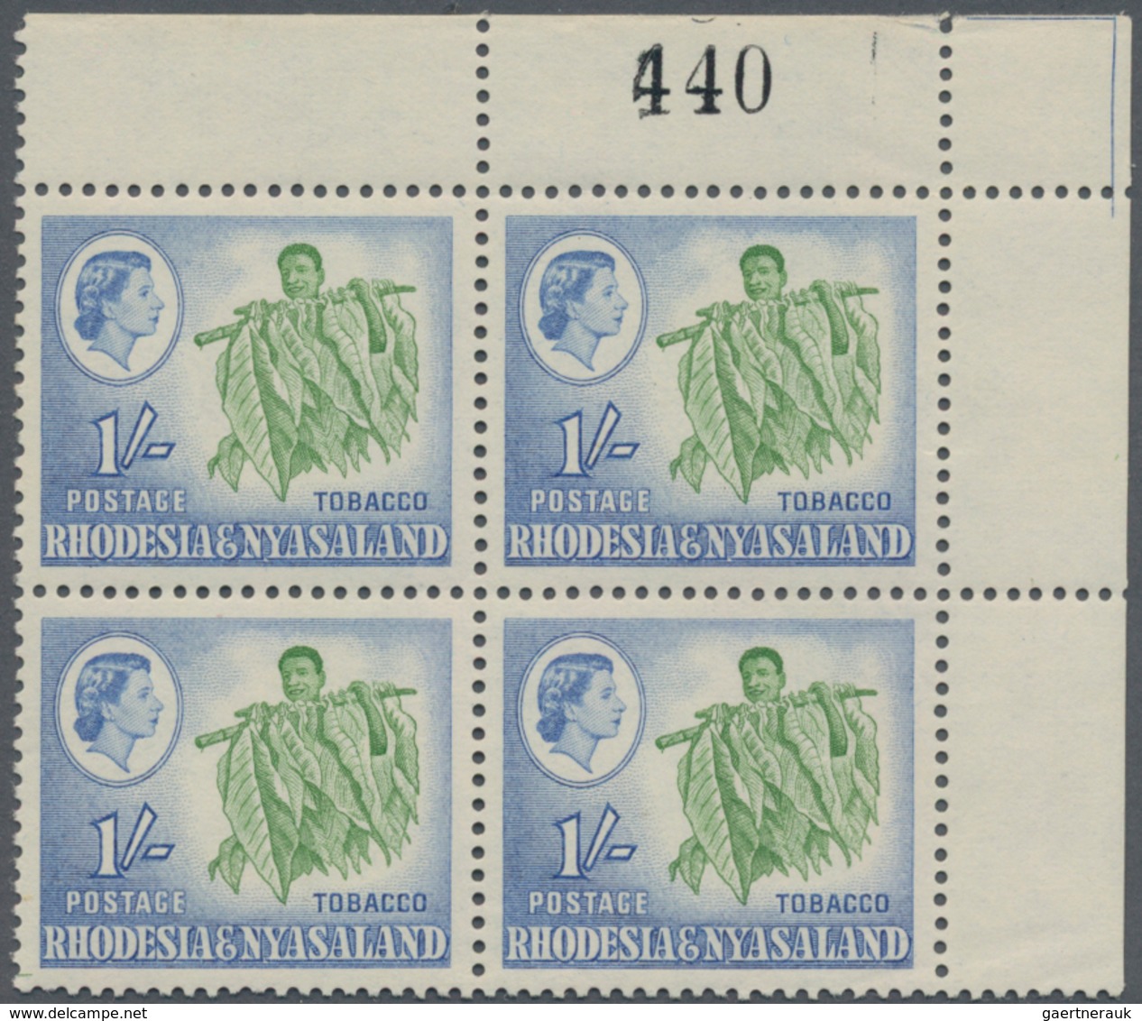 Rhodesien Und Nyassaland: 1959, QEII Definitive 1s. Light Green/ultramarine 'TOBACCO' In Two Imperfo - Rhodesia & Nyasaland (1954-1963)