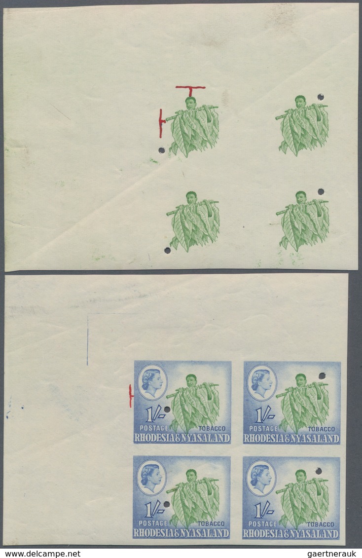 Rhodesien Und Nyassaland: 1959, QEII Definitive 1s. Light Green/ultramarine 'TOBACCO' In Two Imperfo - Rhodesia & Nyasaland (1954-1963)