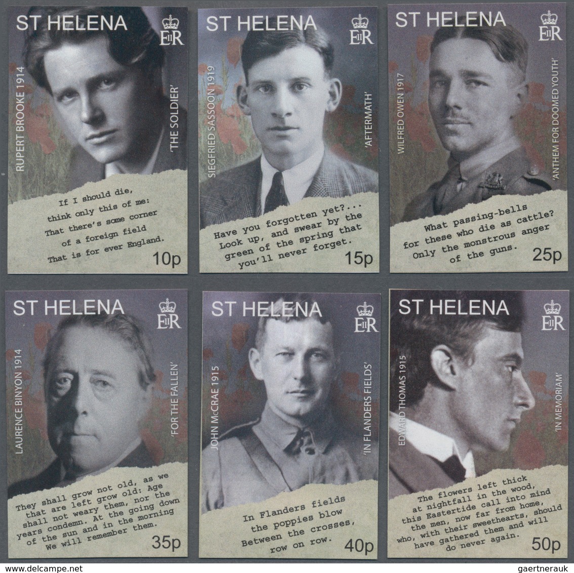 St. Helena: 2008, 90 Years Of Remembrance (End Of WWI) Complete IMPERFORATE Set Of Six With Portaits - Saint Helena Island