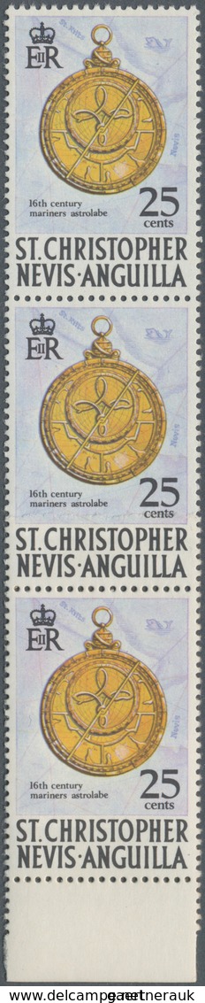 St. Kitts-Nevis: 1970, 25 C. Humphrey Cole's Astrolabium, Bottom Marginal Vertical Strip Of Three, B - St.Kitts And Nevis ( 1983-...)