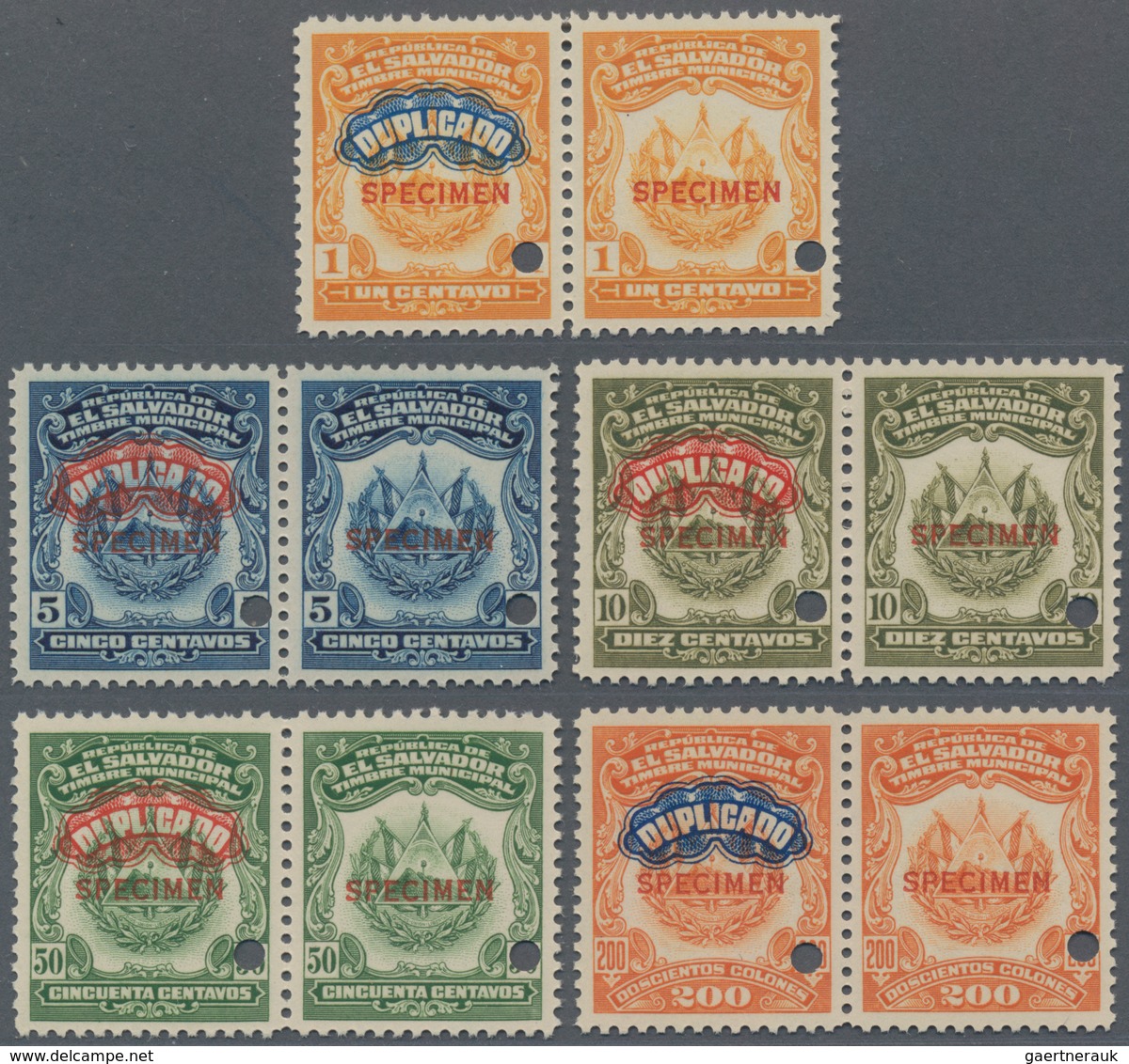 El Salvador: 1935 (ca.), Five Different Revenue Stamps 'TIMBRE MUNICIPAL' In Horizontal Pairs With O - El Salvador