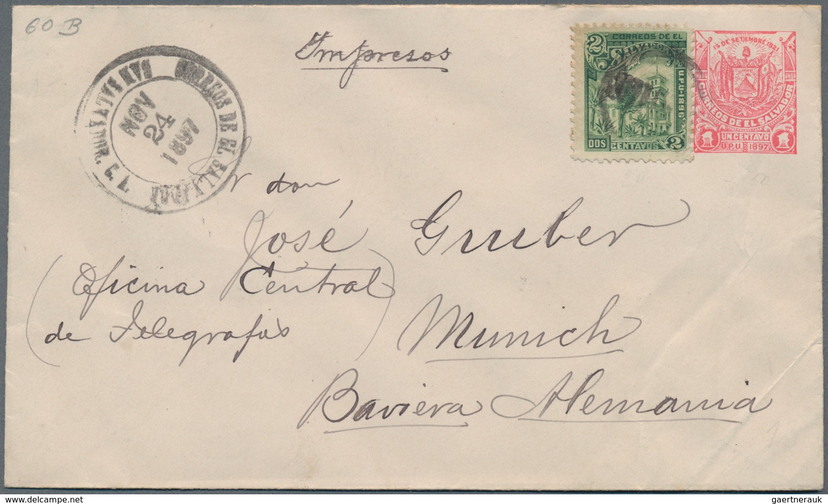 El Salvador - Ganzsachen: 1897, Two Stationery Envelopes: 1 C Carmine Uprated 2 C Green And 2 C Gree - El Salvador