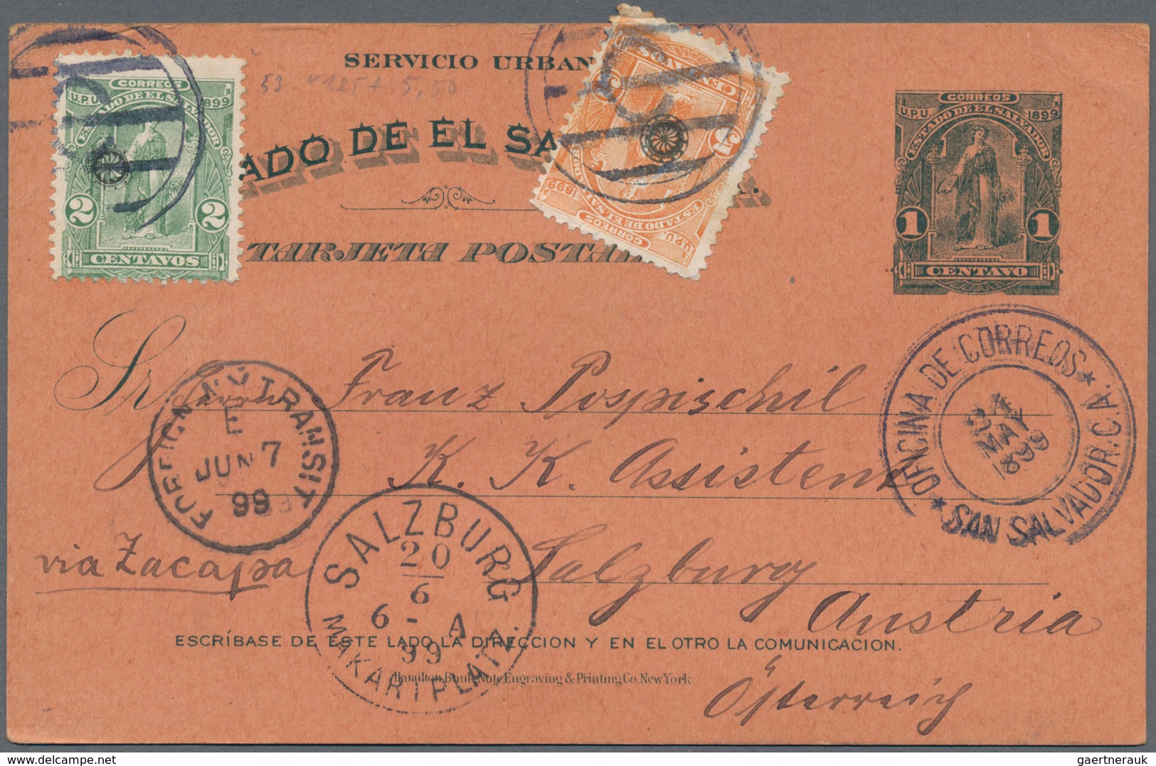 El Salvador - Ganzsachen: 1899, Two Stationery Cards: 2 C Uprated Uprated "1900 1 CENTAVO" And 1 C U - El Salvador