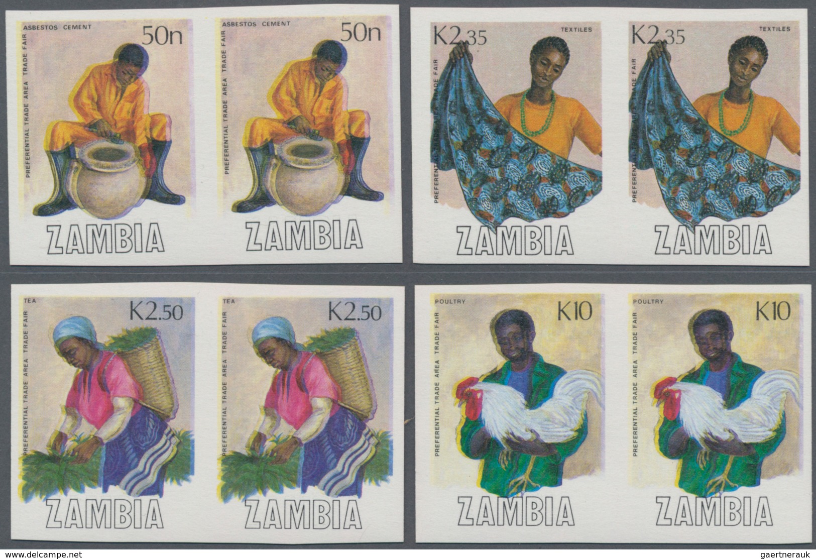 Sambia: 1988, Trade Fair Complete Set Of Four (potter, Textils, Tea And Poultry) In IMPERFORATE Hori - Zambia (1965-...)