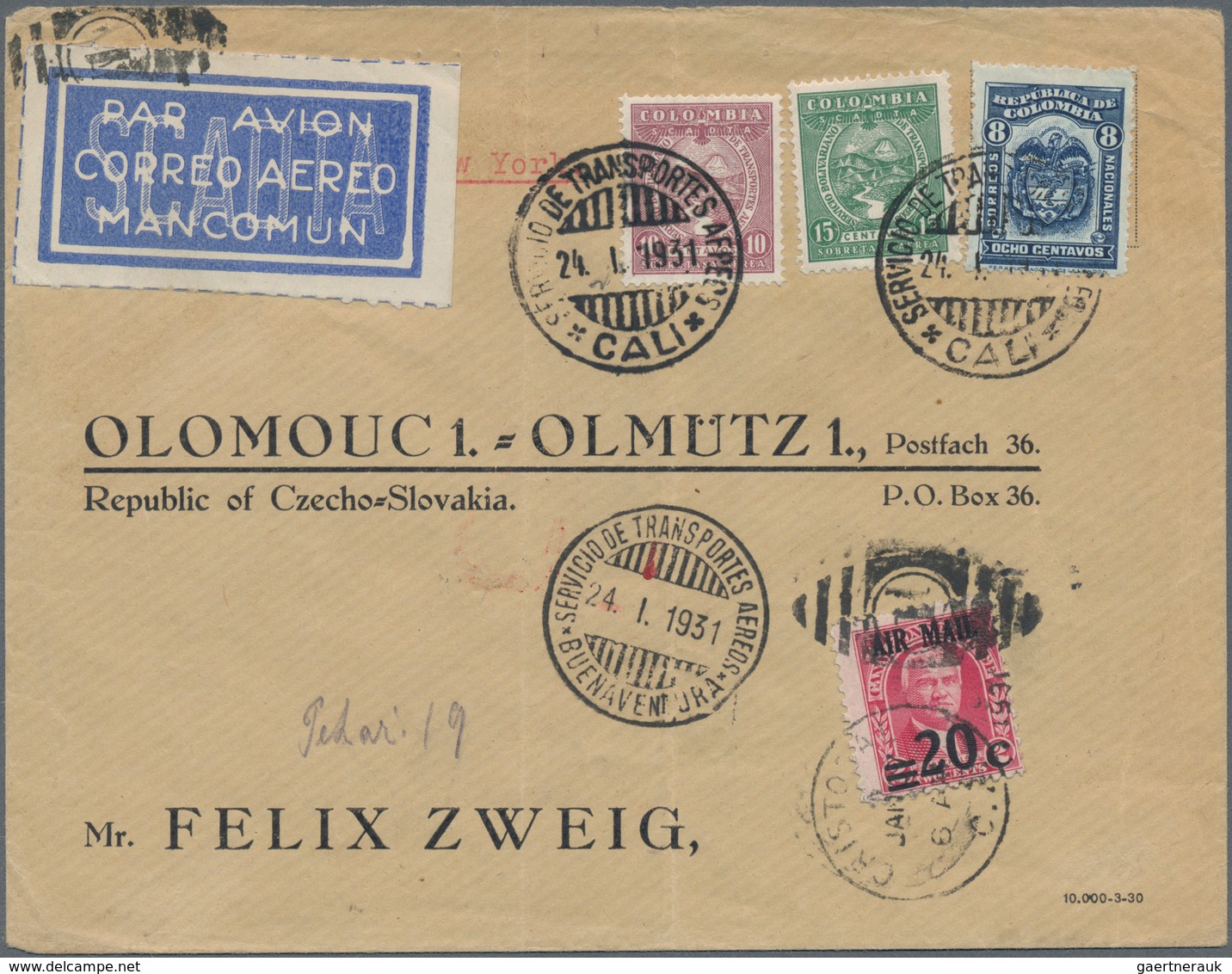 SCADTA - Ausgaben Für Kolumbien: 1931, 10 C Red-brown And 15 C Green Airmail Stamps And Colombia 8 C - Kolumbien