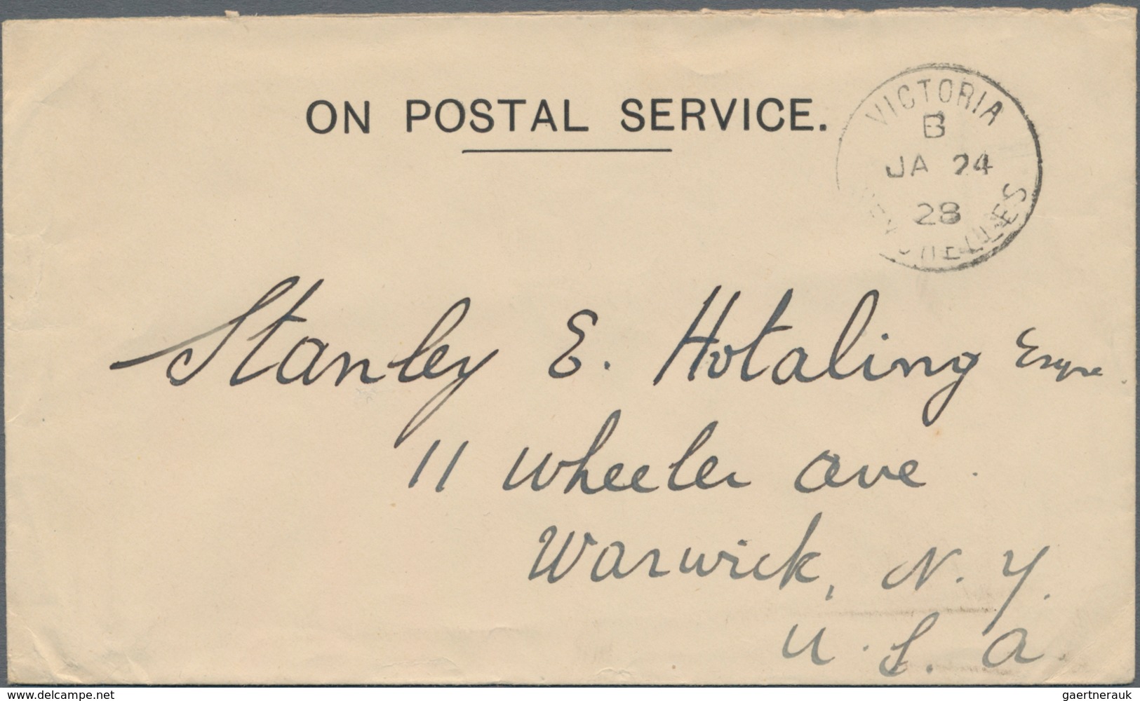 Seychellen: 1928, Stampless Official Envelope "ON POSTAL SERVICE" Used From "VICTORIA SEYCHELLES JA - Seychellen (...-1976)