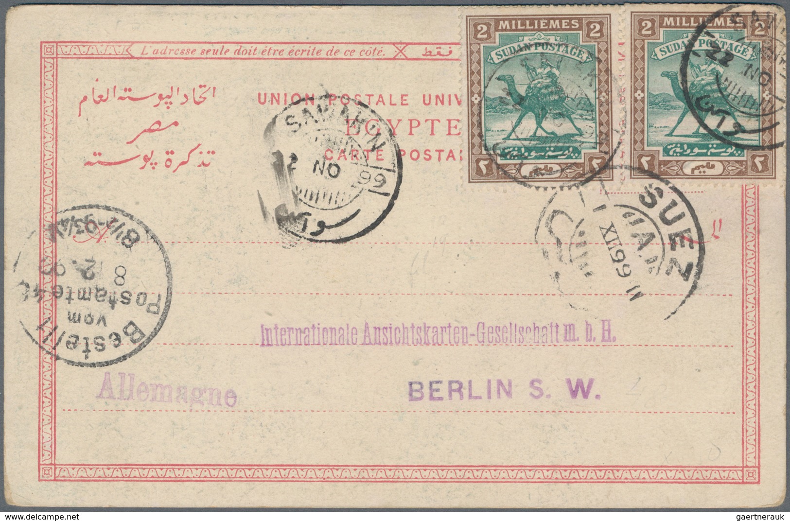 Sudan: 1899/1902, Two Viewcards Franked With Stamps Of Issue Of Camel Rider Sent To Belgium And Germ - Sudan (1954-...)