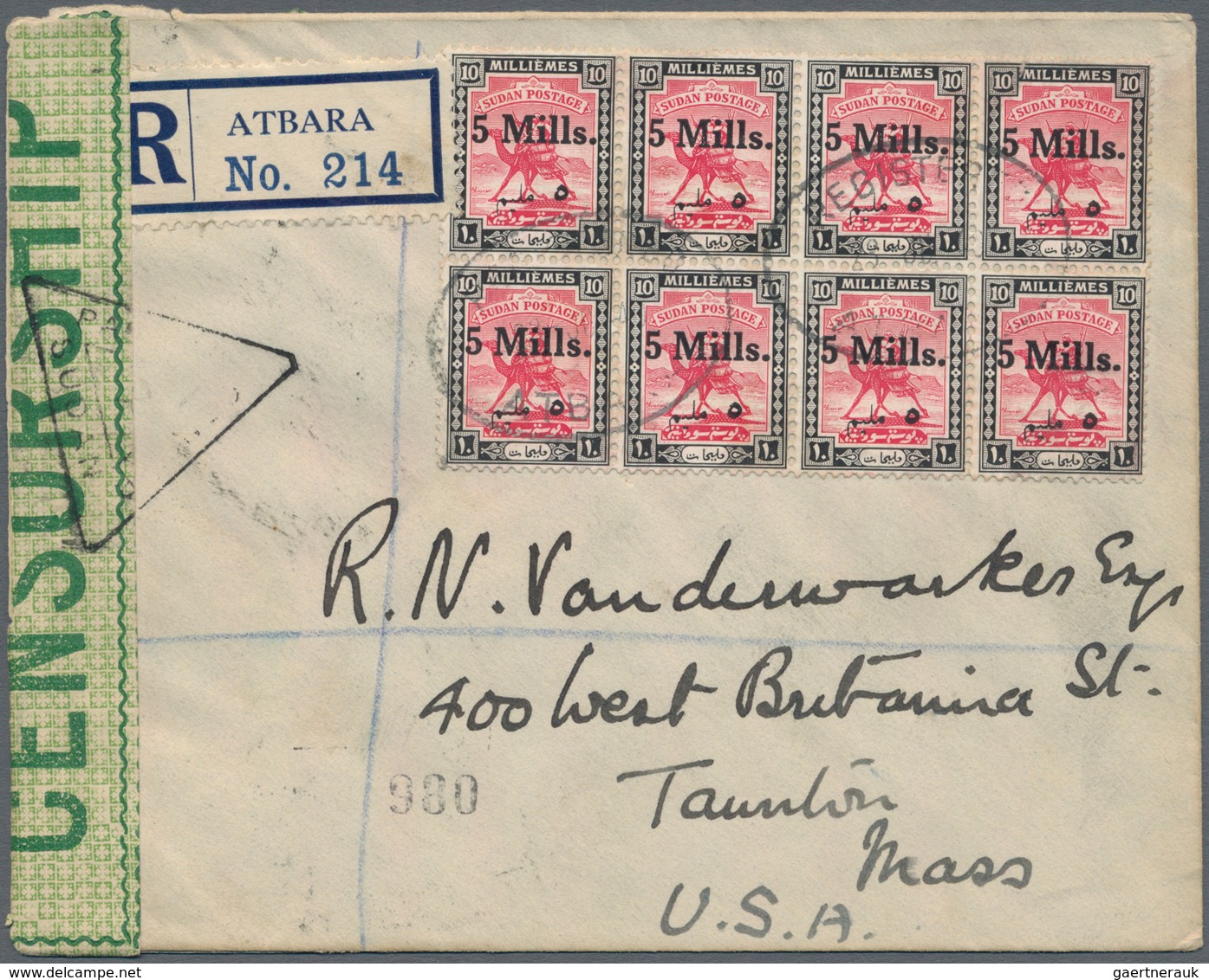 Sudan: 1940, Registered Cover Franked With Block Of 8x5 Mills. On 10 Millièmes Camel Rider Red/black - Sudan (1954-...)