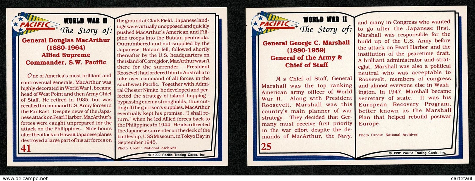 WWII Patriotic Pacific US Lot :  Général MARSHALL & Général MACARTHUR     6,2 X 9 Cm SUPERBE - Other & Unclassified