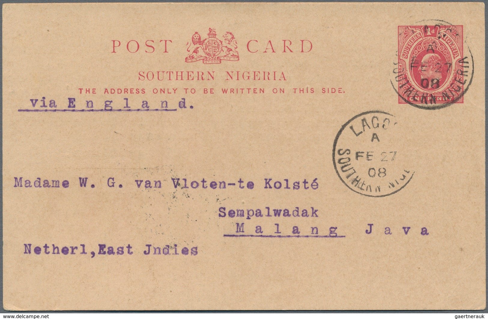 Süd-Nigeria: 1908, Stationery Card KEVII 1d Red Canc. "LAGOS FE 27 08" To Malang/Java, Netherlands I - Nigeria (...-1960)