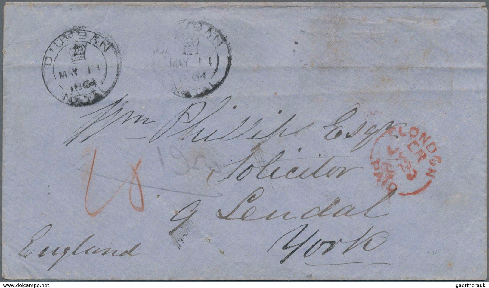 Natal: 1864 Stampless Cover From Durban (black Crown Cancel) Via London (red Paid Cancel) To York (b - Natal (1857-1909)