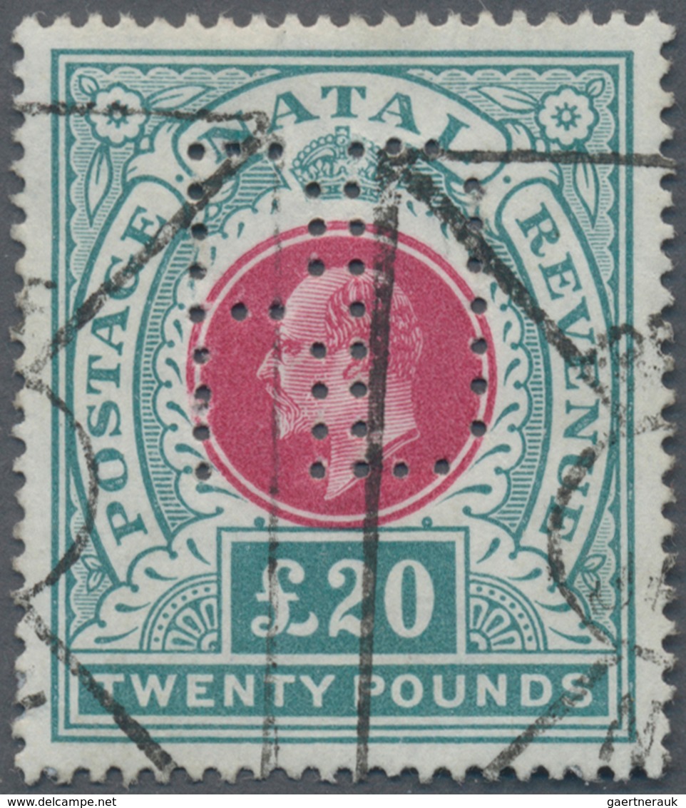 Natal: 1902 KEVII. £20 Red & Green, Inscr. 'Postage Revenue', Used Fiscally, And With Perfin "RD", F - Natal (1857-1909)