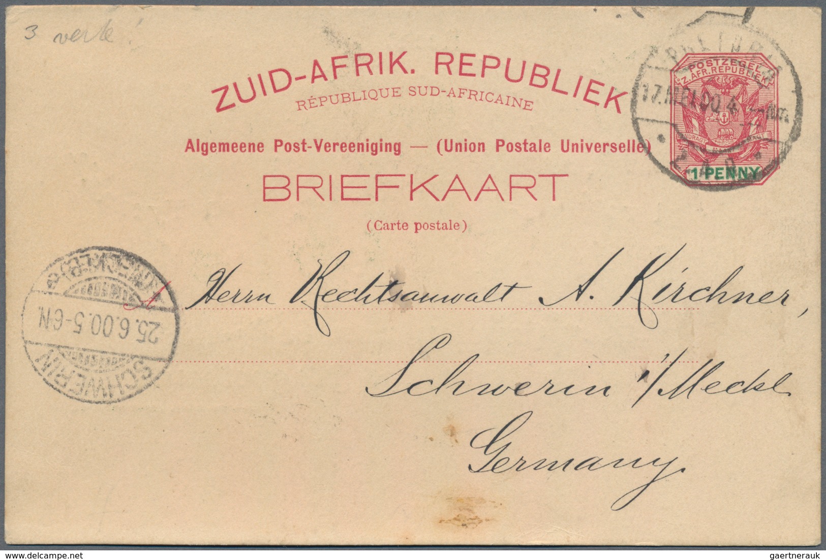 Transvaal - Ganzsachen: 1896-97 Two Postal Stationery Cards With Printings On Back, I.e. Card ½d. Gr - Transvaal (1870-1909)