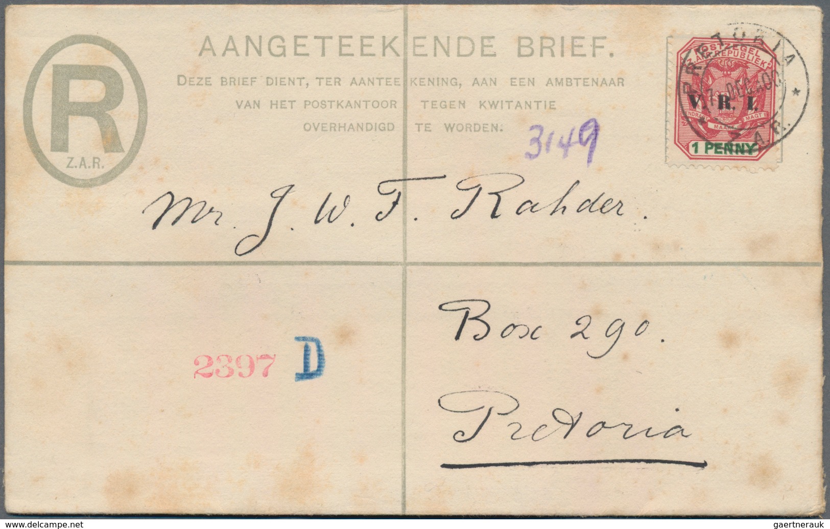 Transvaal - Ganzsachen: 1900/1901: Two Postal Stationery Registered Envelopes 4d. Olive-green, One O - Transvaal (1870-1909)