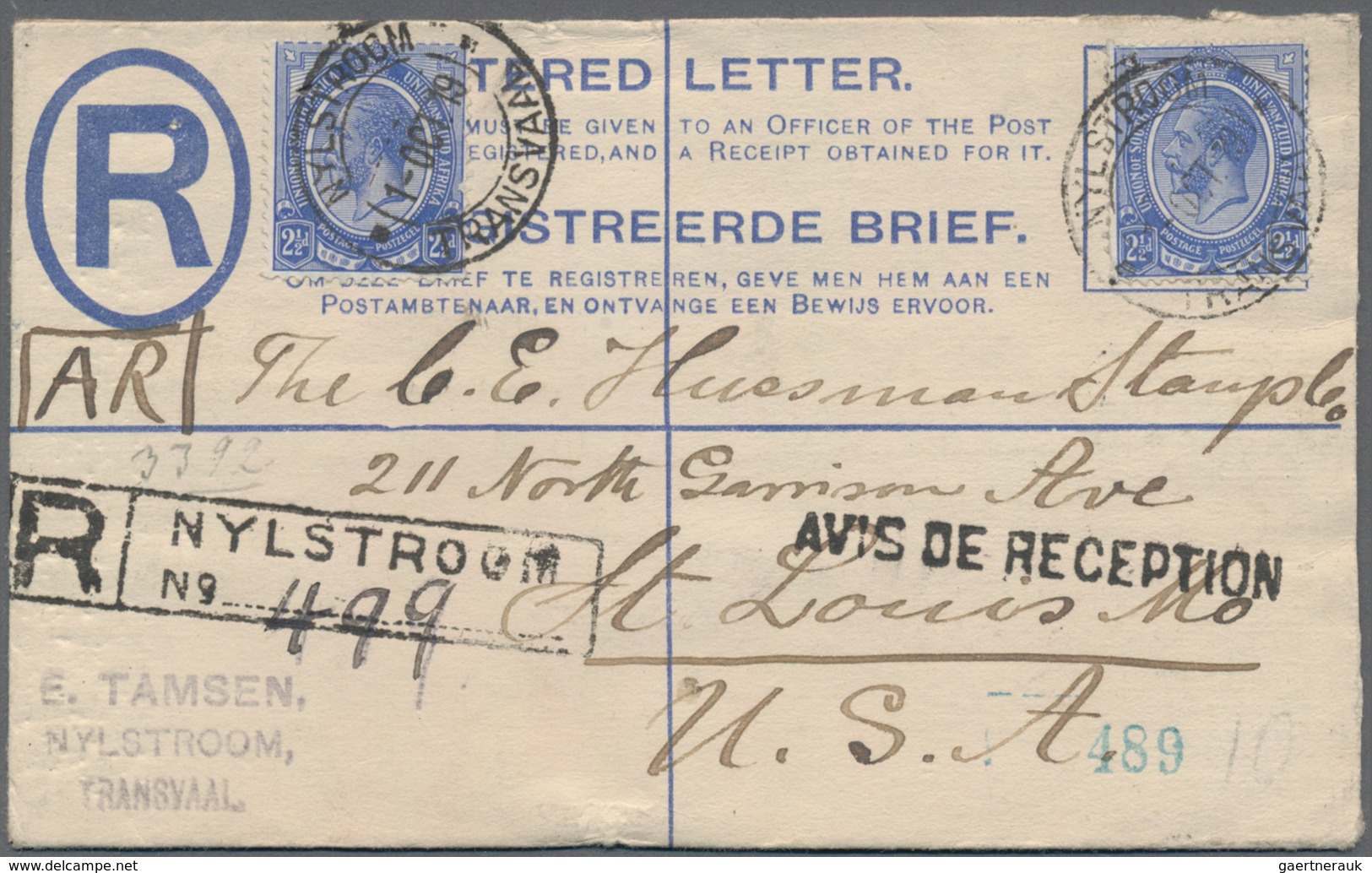 Transvaal - Ganzsachen: 1914/1919, Avis De Reception, Two Uprated Registered Stationery Envelopes Fr - Transvaal (1870-1909)