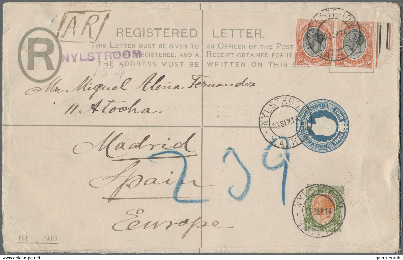 Transvaal - Ganzsachen: 1914/1919, Avis De Reception, Two Uprated Registered Stationery Envelopes Fr - Transvaal (1870-1909)