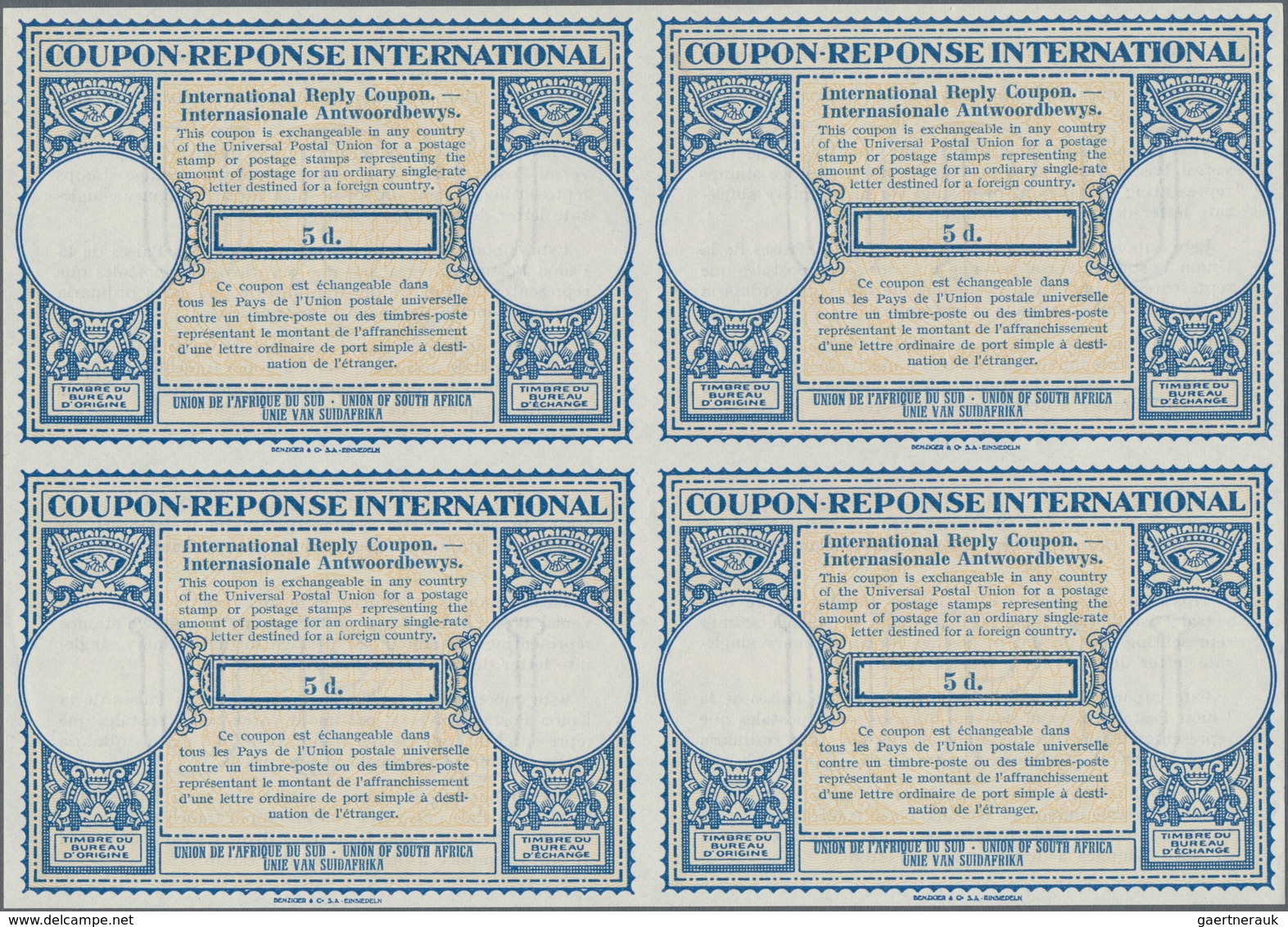 Südafrika: 1947, April. International Reply Coupon 5 D (London Type) In An Unused Block Of 4. Luxury - Briefe U. Dokumente