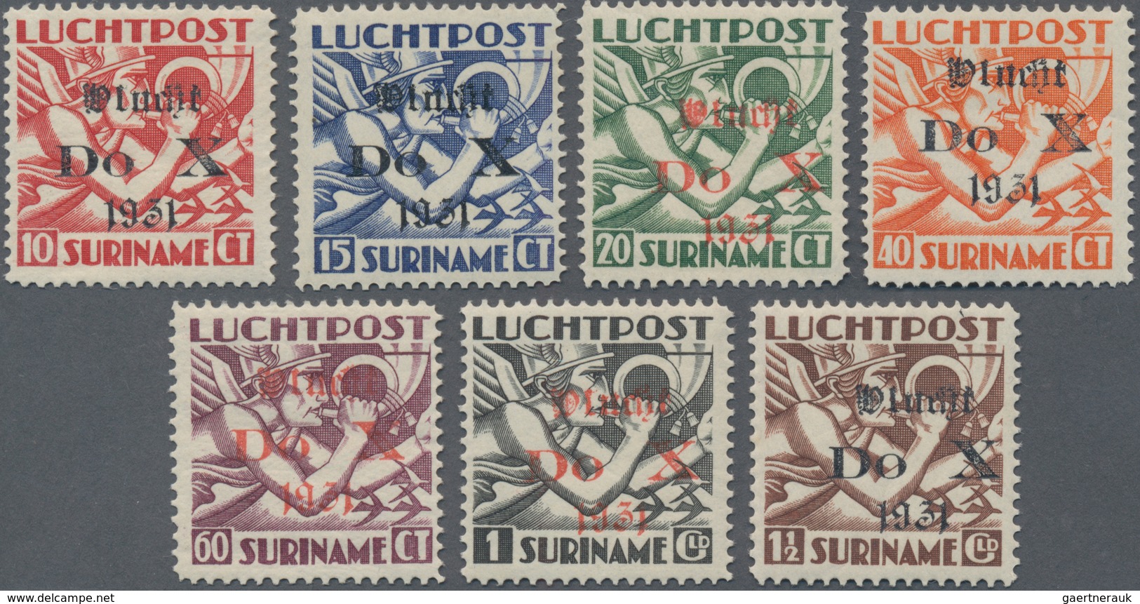 Surinam: 1931, Airmails "DO. X", 10c.-1½gld., Complete Set Of Seven Values, Each Showing Variety "Mi - Surinam ... - 1975