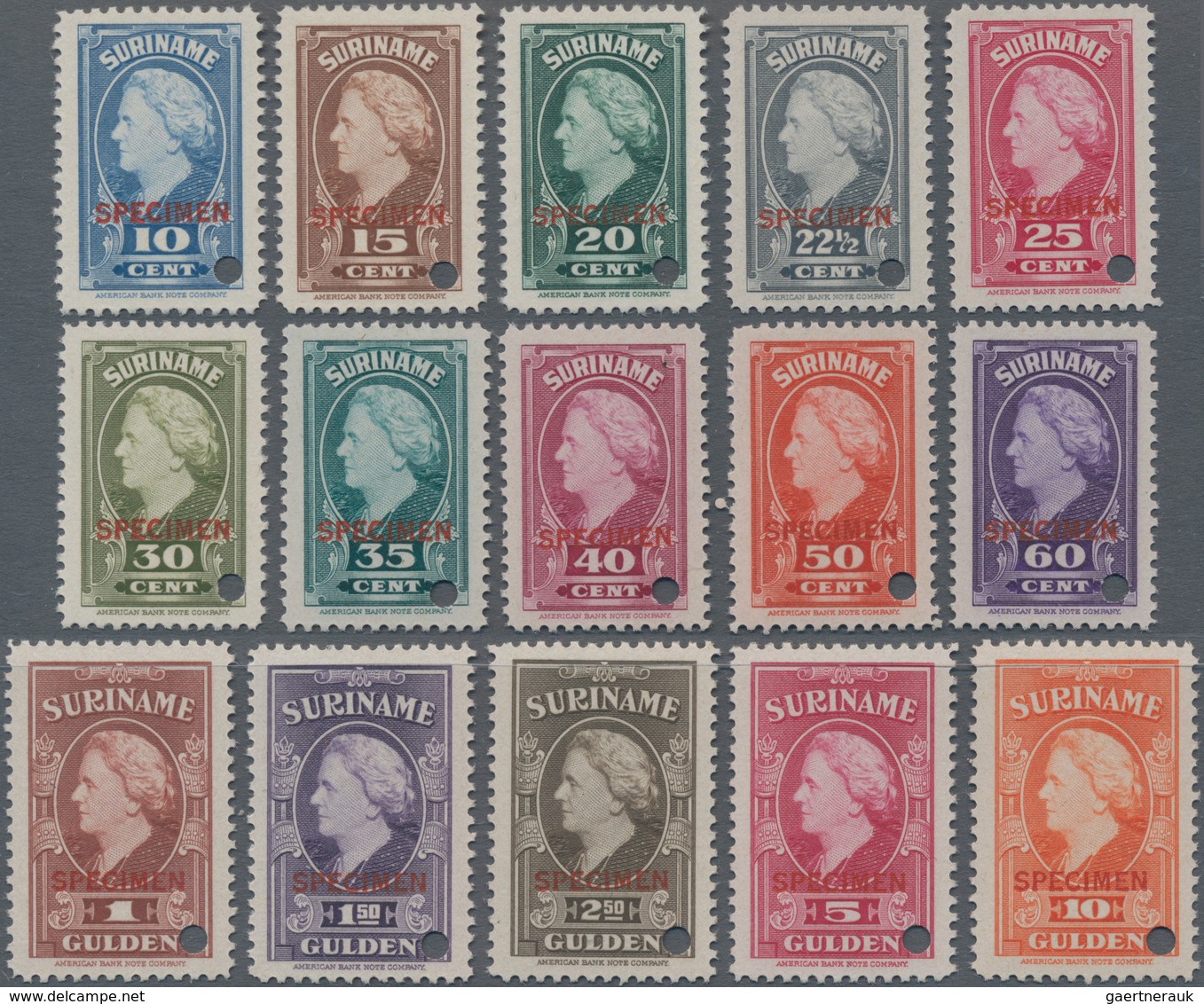 Surinam: 1945, Definitive Issue 'Queen Wilhelmina' Complete Set Of 15 (10c. To 10gld.) With Punch Ho - Suriname ... - 1975