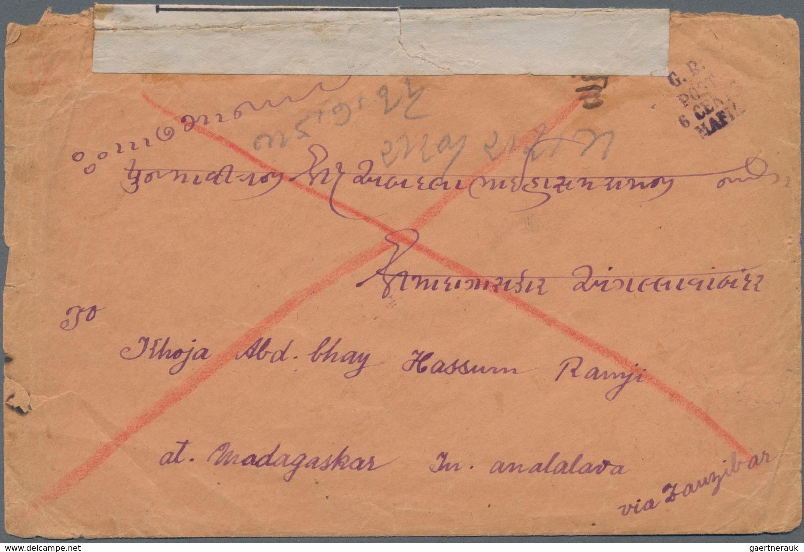 Tanganjika: 1915, Stampless Envelope Addressed To Analalava In Madagascar, Cancelled By 4-line Hands - Tanganyika (...-1932)