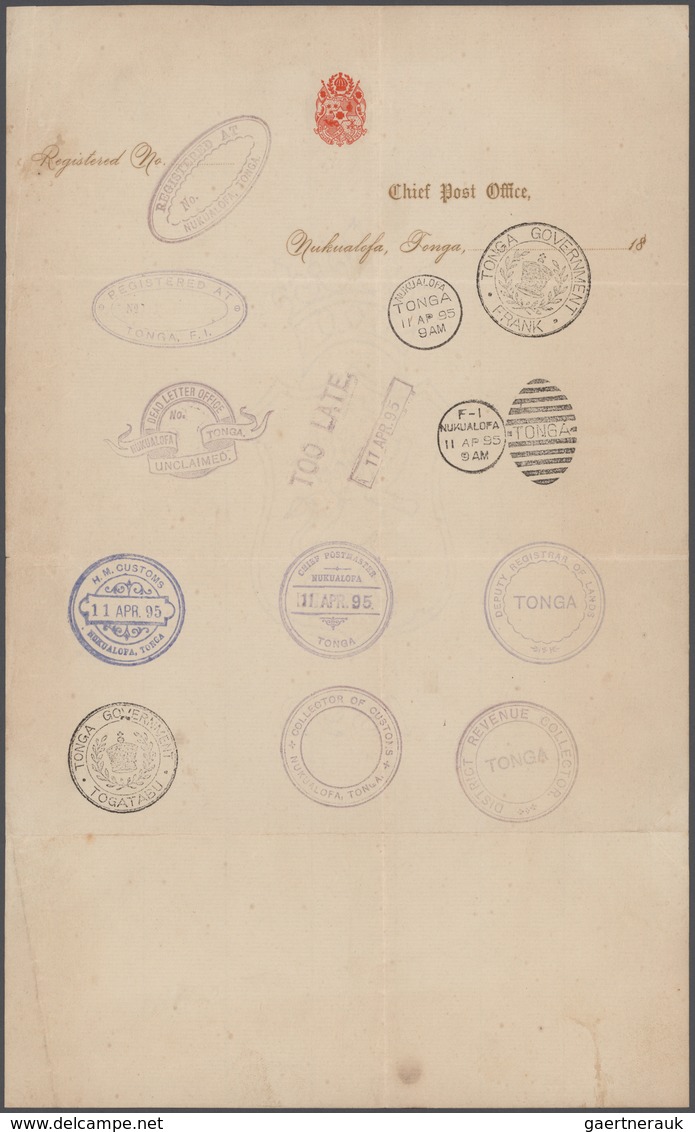 Tonga: 1895 (11.4.), Sheet Of Official Post Office Letterhead Bearing 14 Different Postmarks Or Inst - Tonga (...-1970)