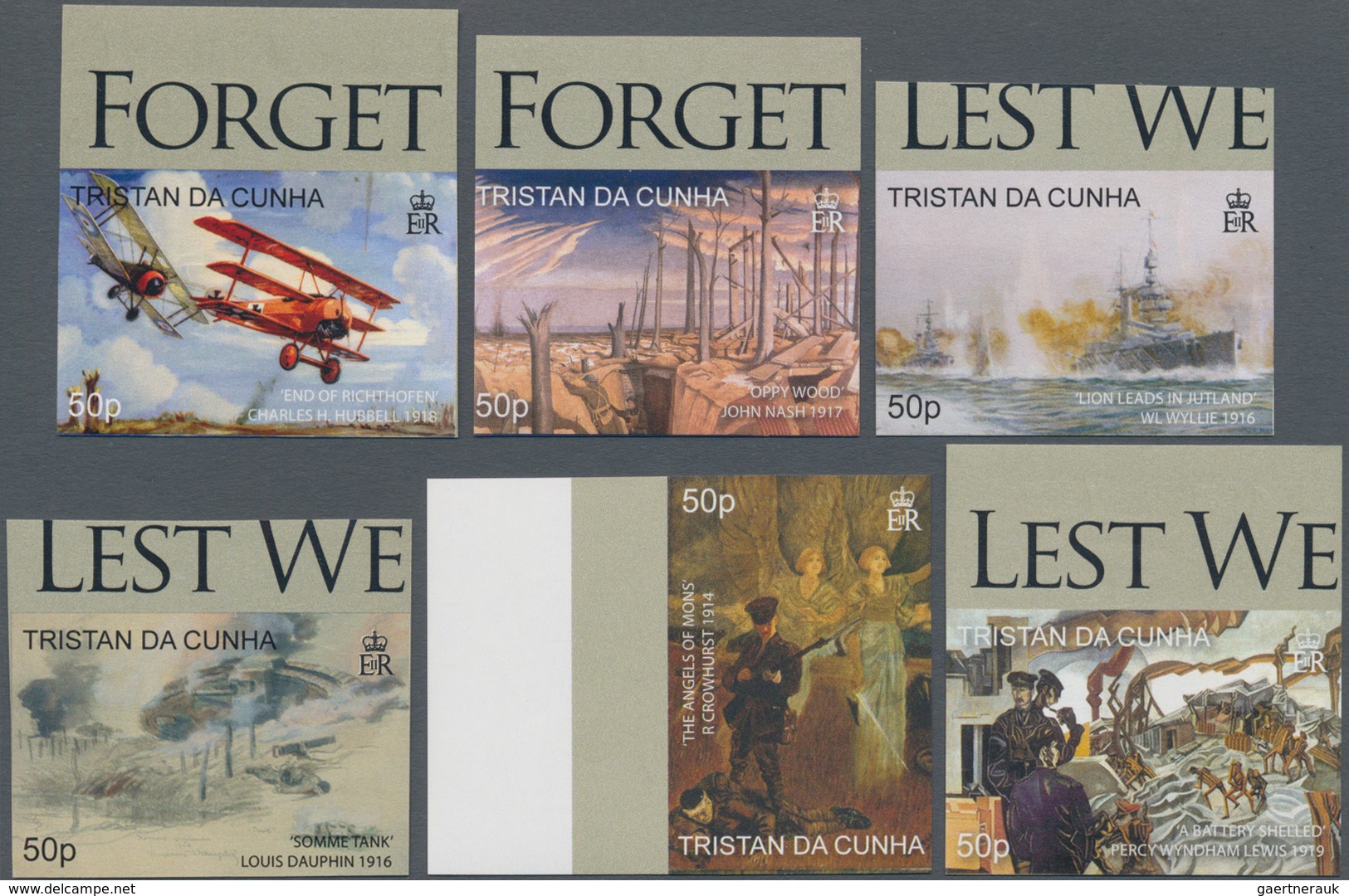 Tristan Da Cunha: 2008, 90 Years End Of WWI (paintings) Complete IMPERFORATE Set Of Six And The Impe - Tristan Da Cunha