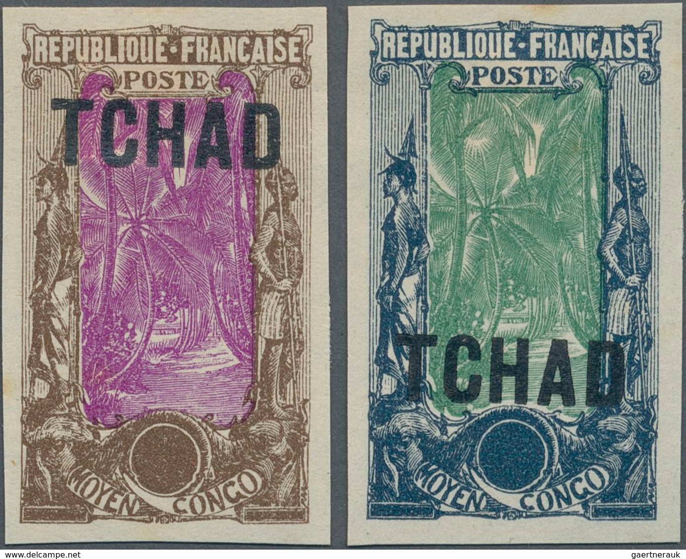 Tschad: 1922, "TCHAD" Overprints, Design "Coconut Palms", Two Imperforate Proofs In Colours "brown/l - Tschad (1960-...)