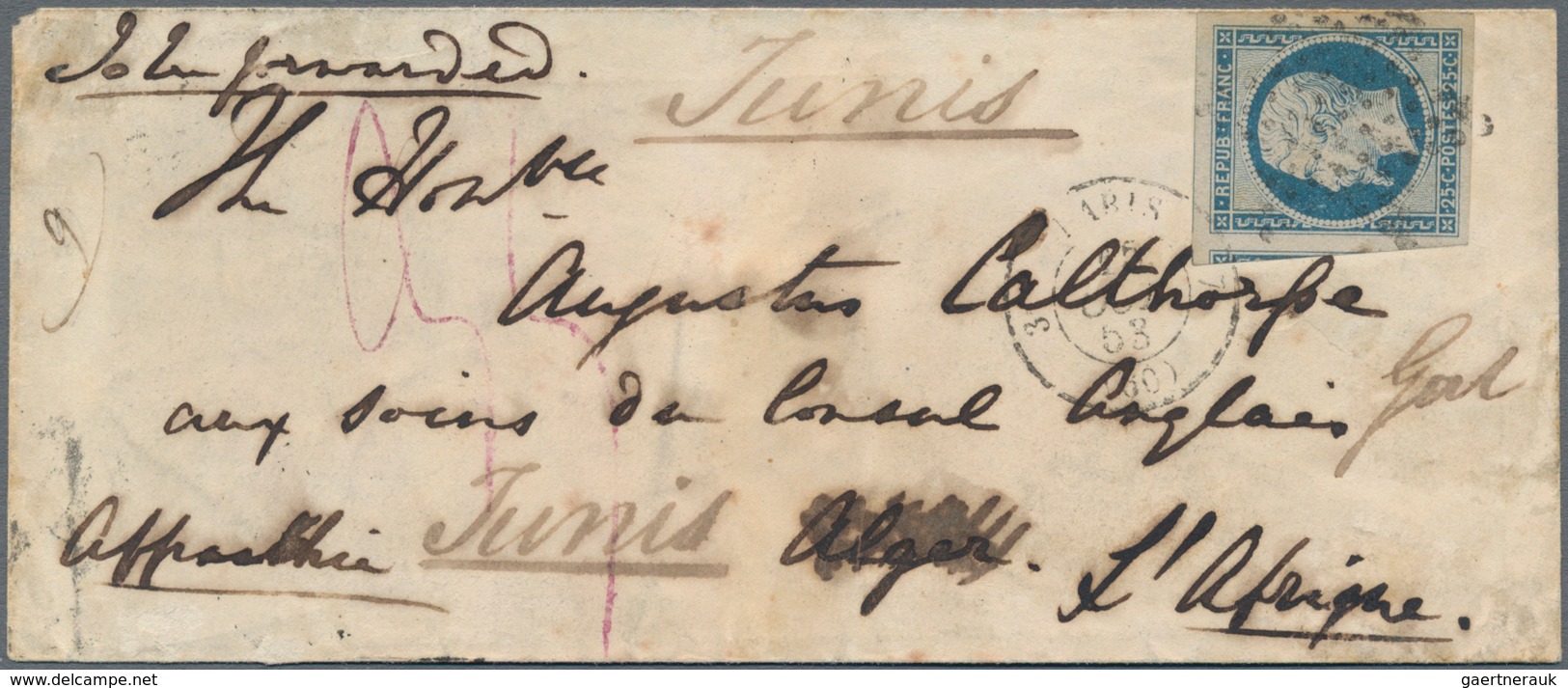 Tunesien: 1853 Cover From Paris To Augustus Calthorpe, The British Consul In Tunis, Sent Via Algier - Covers & Documents