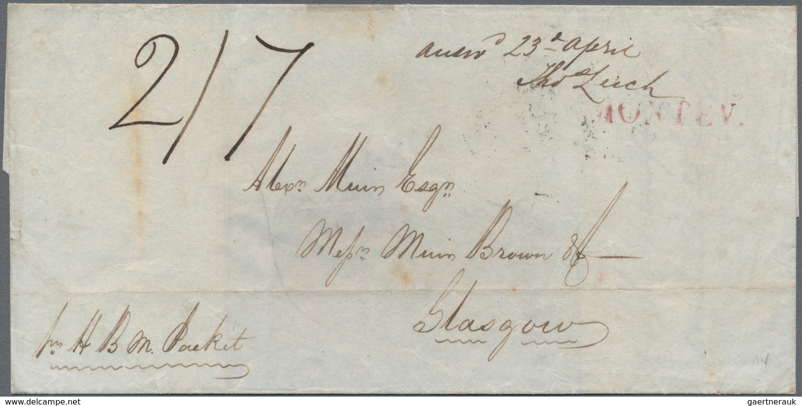 Uruguay: 1844, Folded Stampless Envelope Sent From Montevideo To Glasgow, GB With Red Single-line Ca - Uruguay