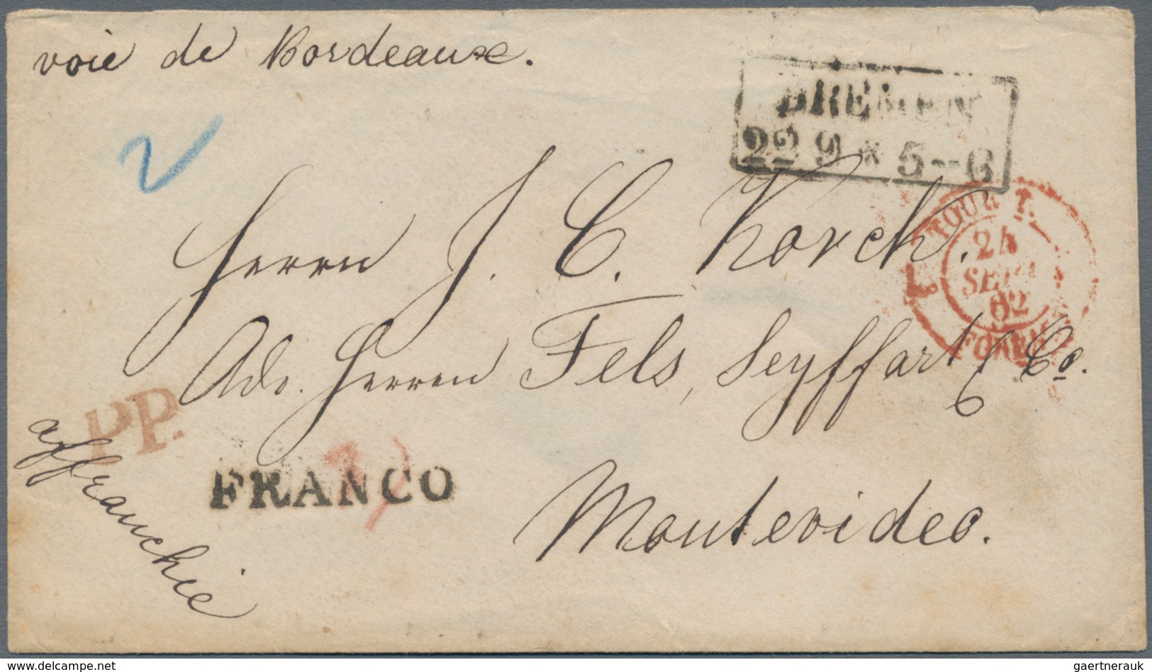 Uruguay: 1862, Incomming Mail: Fresh Stampless Envelope Paid "FRANCO" With Taxation "2" And Boxed "B - Uruguay