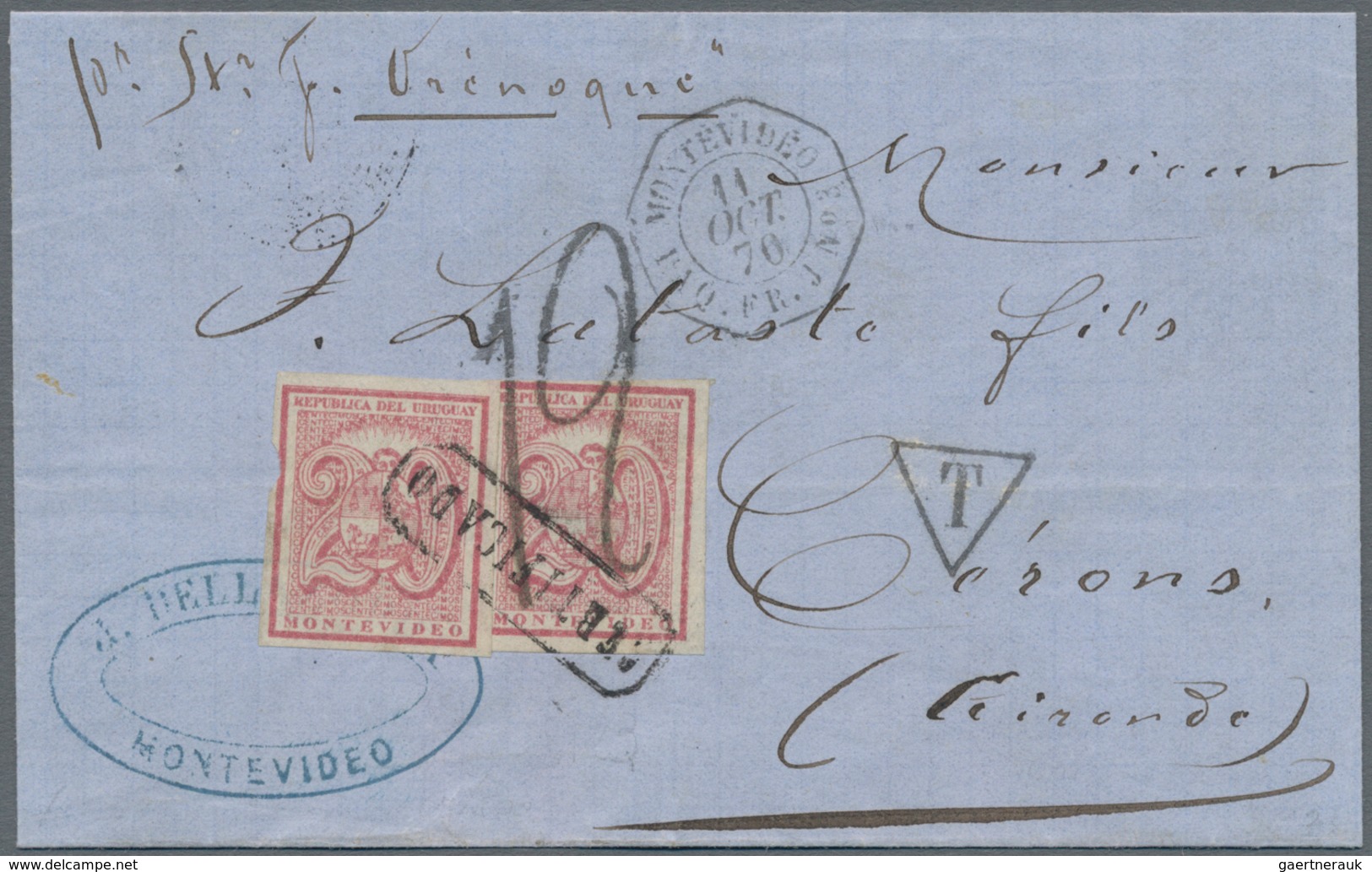 Uruguay: 1866, A Very Fine Fresh Folded Envelope Bearing 2x 20 C Lilac-rose Imperforated (minimal Ti - Uruguay