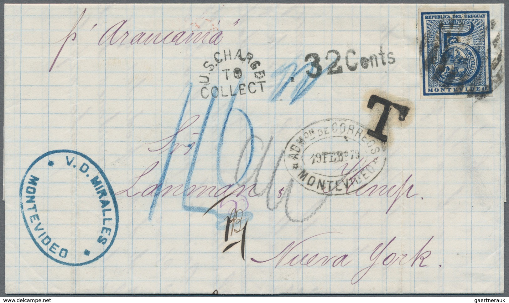 Uruguay: 1866, A Folded Letter Bearing 5 C Deep-blue Imperforated (wide Margins All Around) With Bar - Uruguay