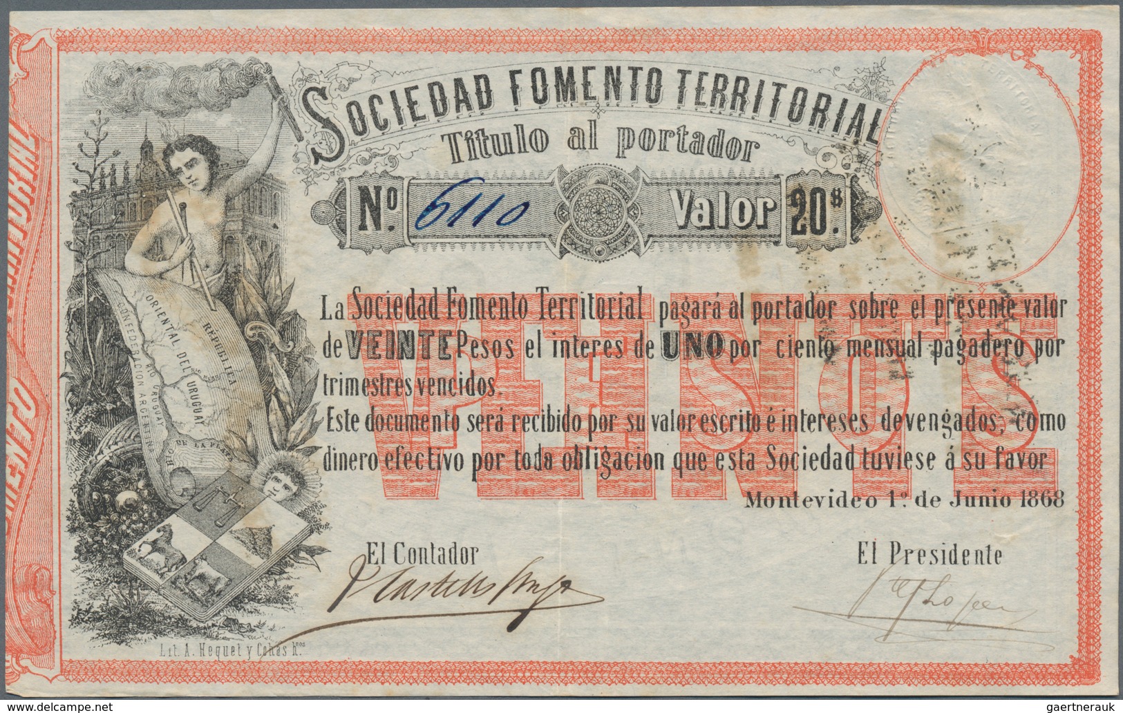 Uruguay: 1868-1931 Three Unusual Items: 1.) 1868 Banknote 20$ From Montevideo, 2) Registered Airmail - Uruguay