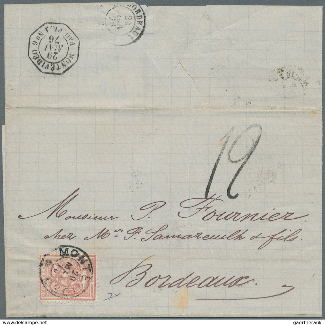 Uruguay: 1876, Letter With 20 Cent. From MONTEVIDEO To Bordeaux Mit "12" Taxation And Shipletter Can - Uruguay