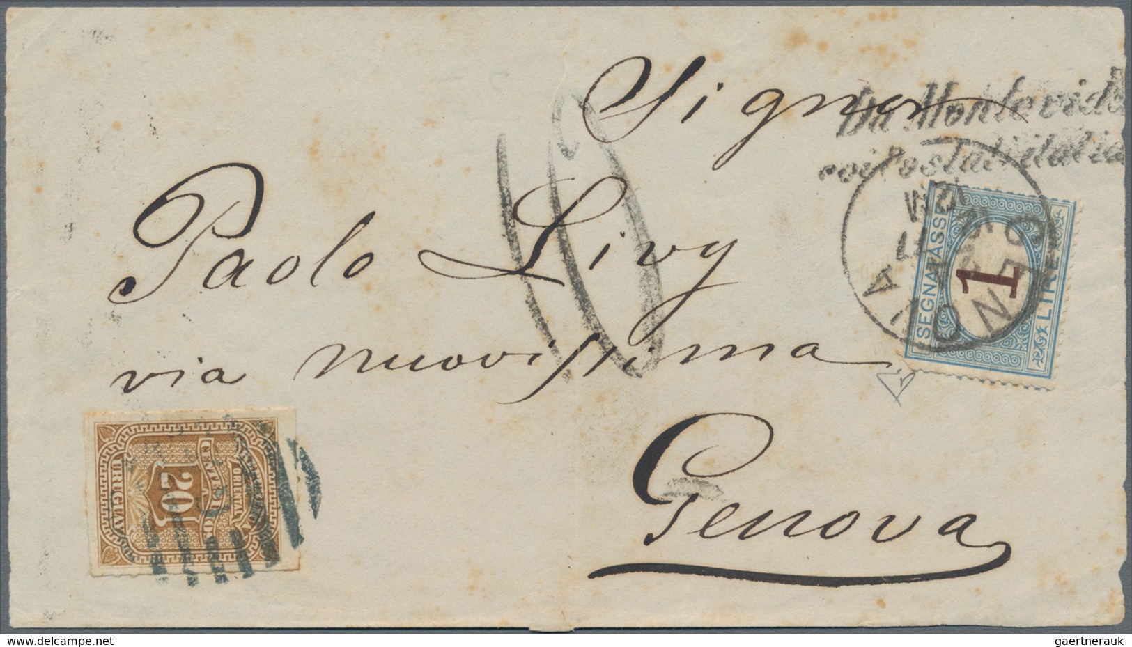 Uruguay: 1877, Very Fine Cover Frontside Bearing 20 C Yellow-brown Tied By Barr Cancel "G" (Barras) - Uruguay