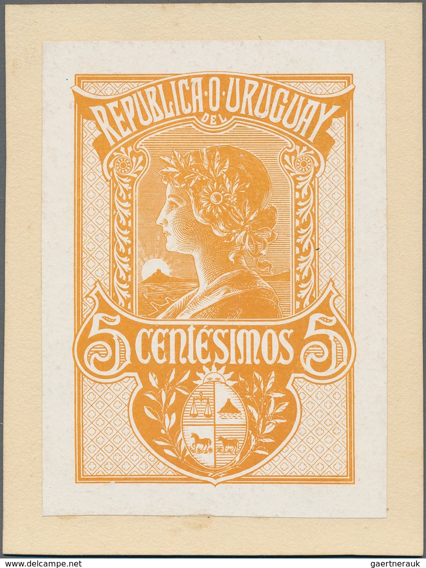 Uruguay: 1909/1910, Unadopted "Liberty" Design, Lithographed Essay 5c. Orange On Coated Paper, Size - Uruguay
