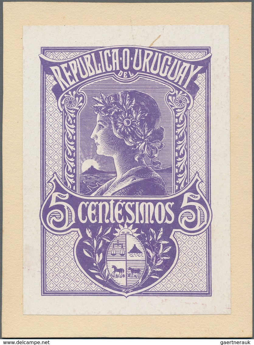 Uruguay: 1909/1910, Unadopted "Liberty" Design, Lithographed Essay 5c. Violet On Coated Paper, Size - Uruguay