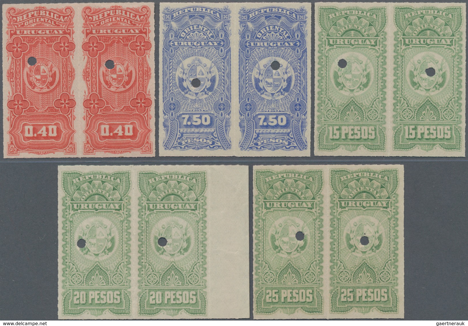 Uruguay: 1910 (ca.), Five Revenue Stamps (coat Of Arms) 0.40c. Red, 7.50p. Blue And 15p., 20p. + 25p - Uruguay