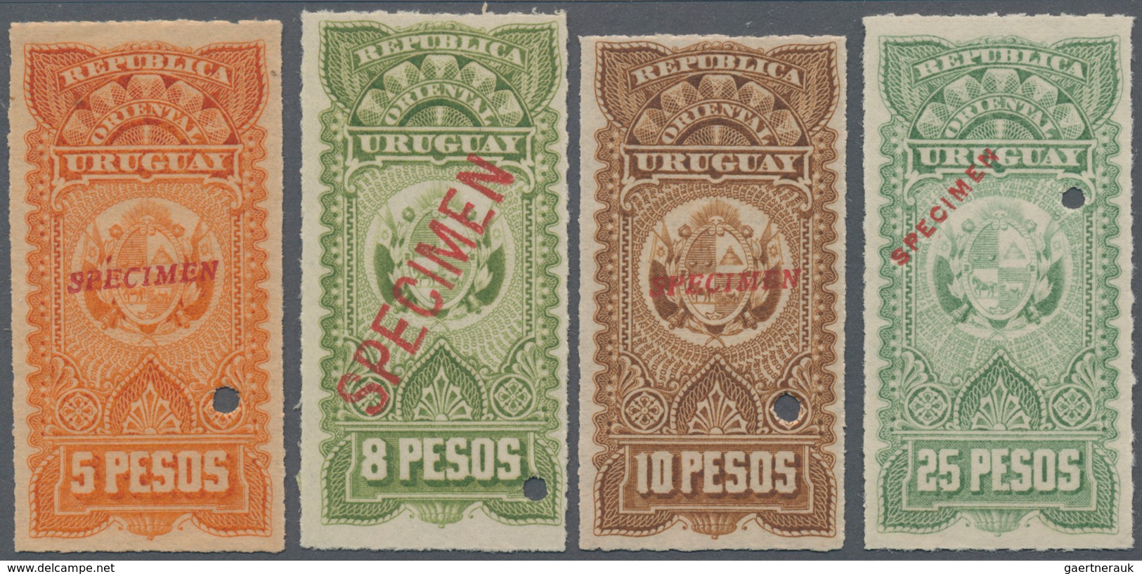 Uruguay: 1910 (ca.), 13 Revenue Stamps (coat Of Arms) 0.10c. To 25p. With Many Different Colours And - Uruguay